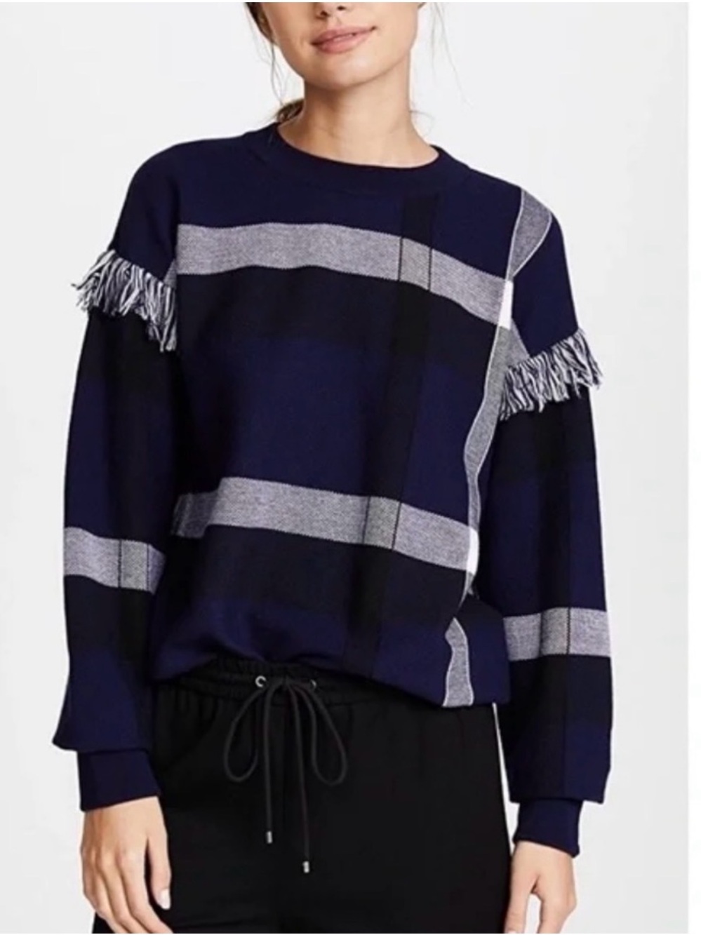 Tory Burch Gwen Wool Navy Plaid Fringe Sweater Medium